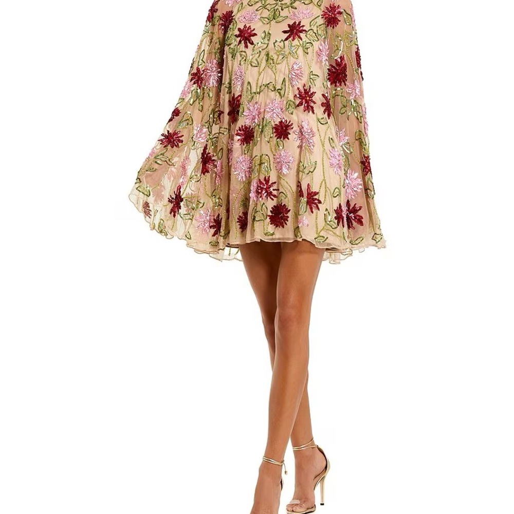 Mac Duggal Crew Neck Long Bell Sleeves Beaded Floral Mesh Shift Mini Dress